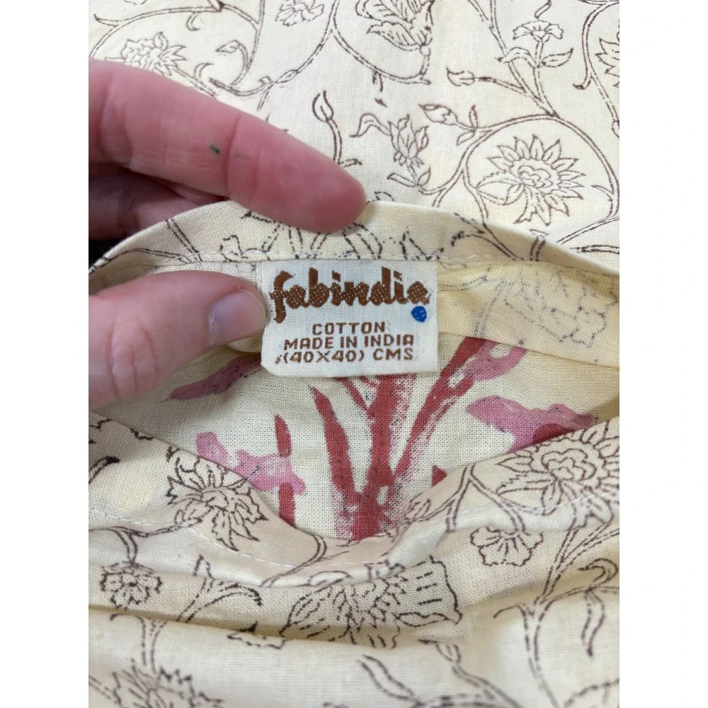 Fabindia Vintage Cotton Block Print Floral Pillow Cover 16x16 Made in India